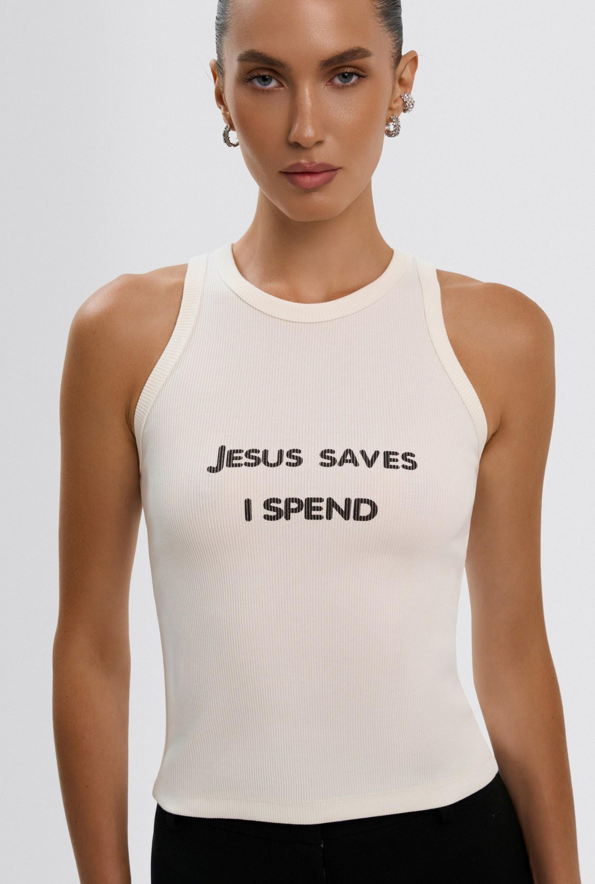 Майка у рубчик Jesus saves i spend молочна розмір XS, фото 4