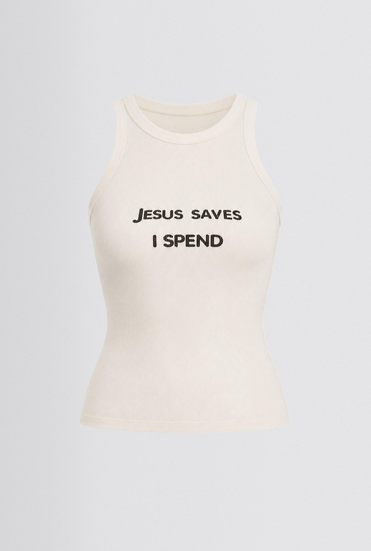 Майка у рубчик Jesus saves i spend молочна фото 1