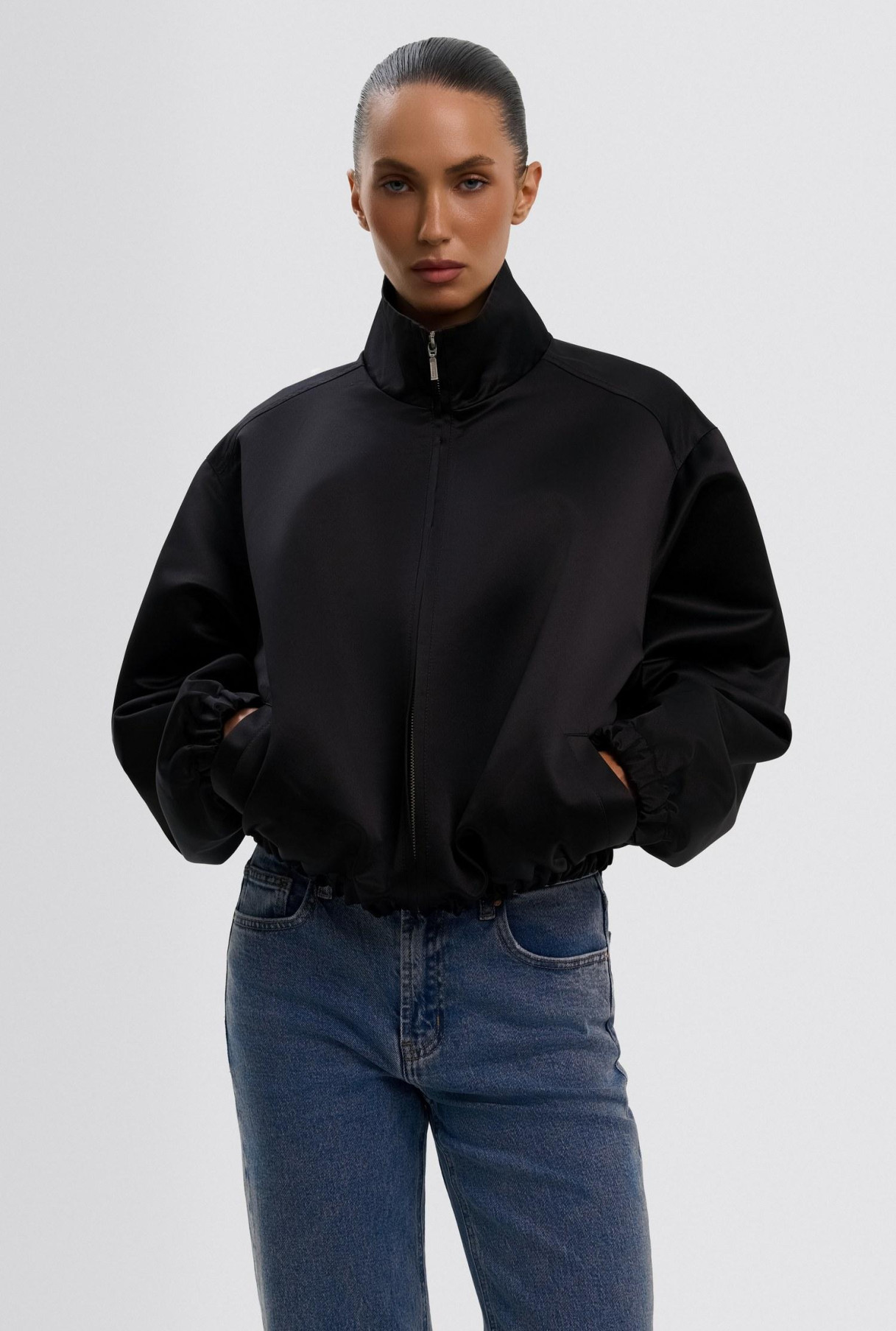 Бомбер атлас чорного кольору розмір One-Size, фото 4